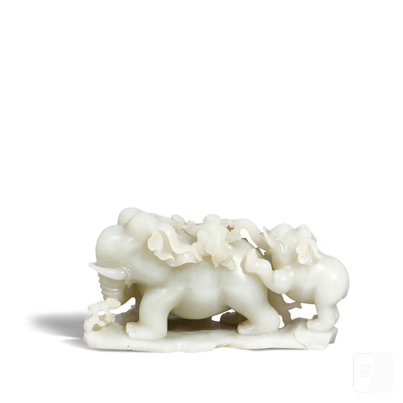 清 白玉雕童子洗象擺件 | A WHITE JADE CARVED 'ELEPHANT AND BOYS' GROUP